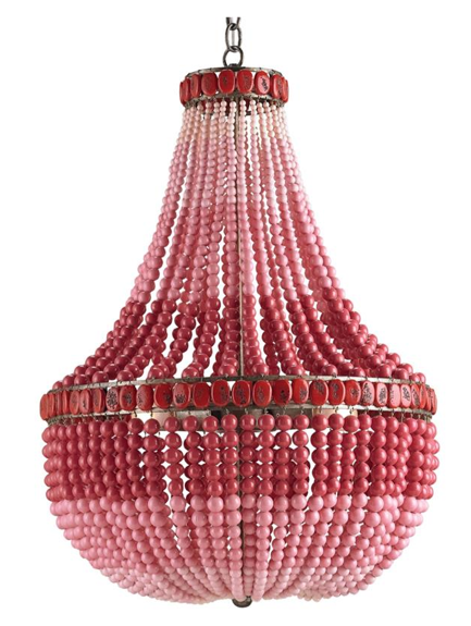  Red Pink Beaded Coastal Beach 3 Light Chandelier, Kathy Kuo Home