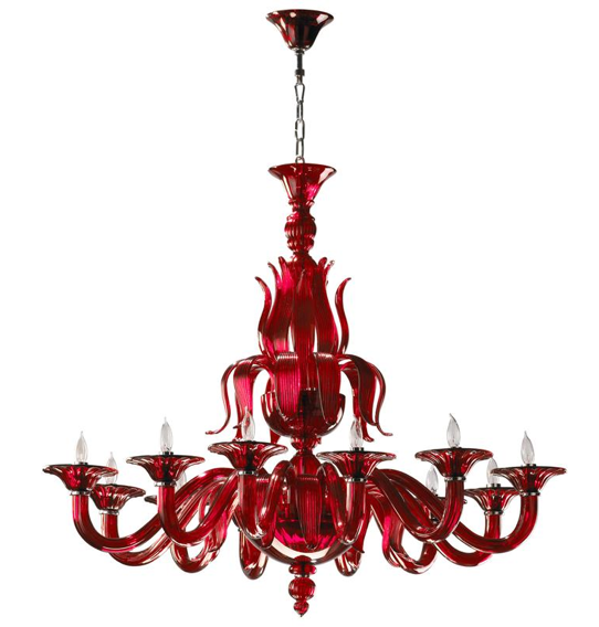  Anniston Scarlet Ruby Red Murano Glass 12 Light Chandelier, Kathy Kuo Home