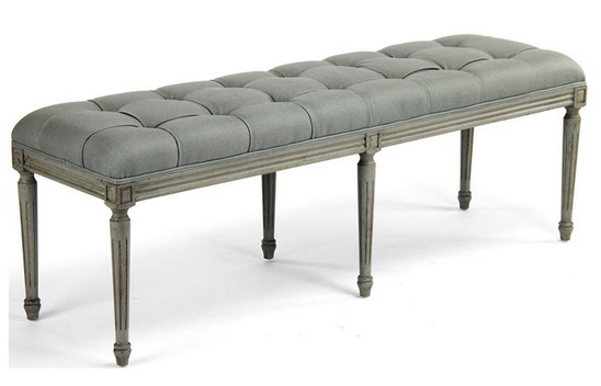 French Country Louis XVI Sage Tufted Oak Olive Long Bench, Kathy Kuo Home